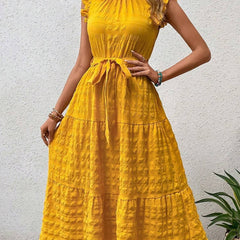 Yellow ruffled flutter sleeve tie textured dress from My Store, featuring a stylish design and lightweight fabric.