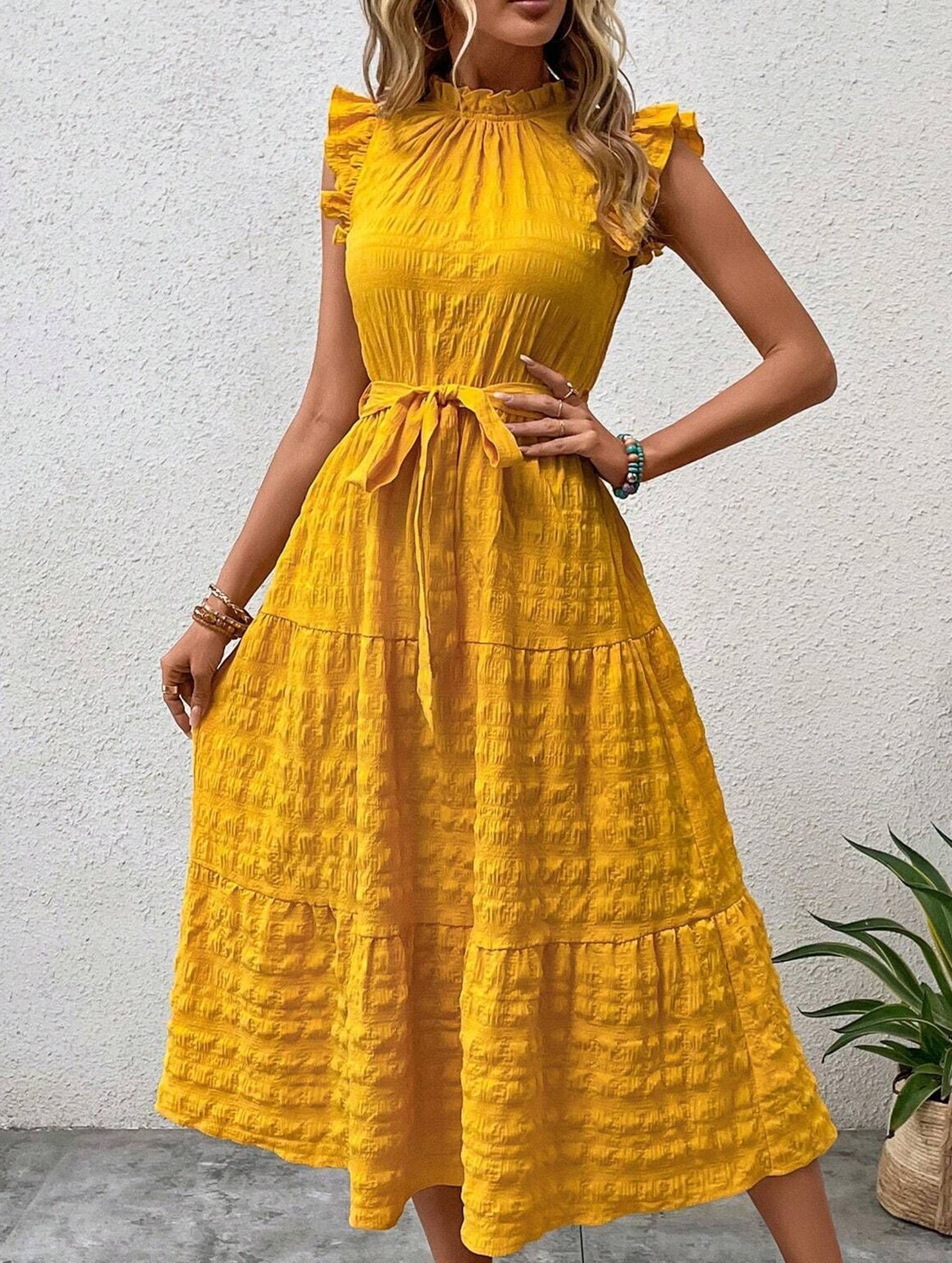 Yellow ruffled flutter sleeve tie textured dress from My Store, featuring a stylish design and lightweight fabric.