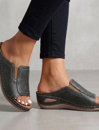 Charcoal orthopedic wedge open-toe slide sandals for women with supportive design and comfortable footbed.