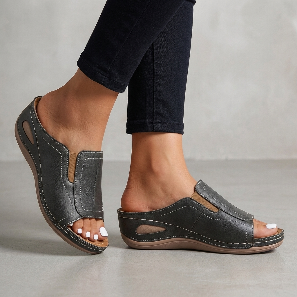 Charcoal orthopedic wedge open-toe slide sandals for women with supportive design and comfortable footbed.