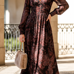 White retro long-sleeved V-neck fitted waist dress from My Store, showcasing a stylish vintage-inspired design.