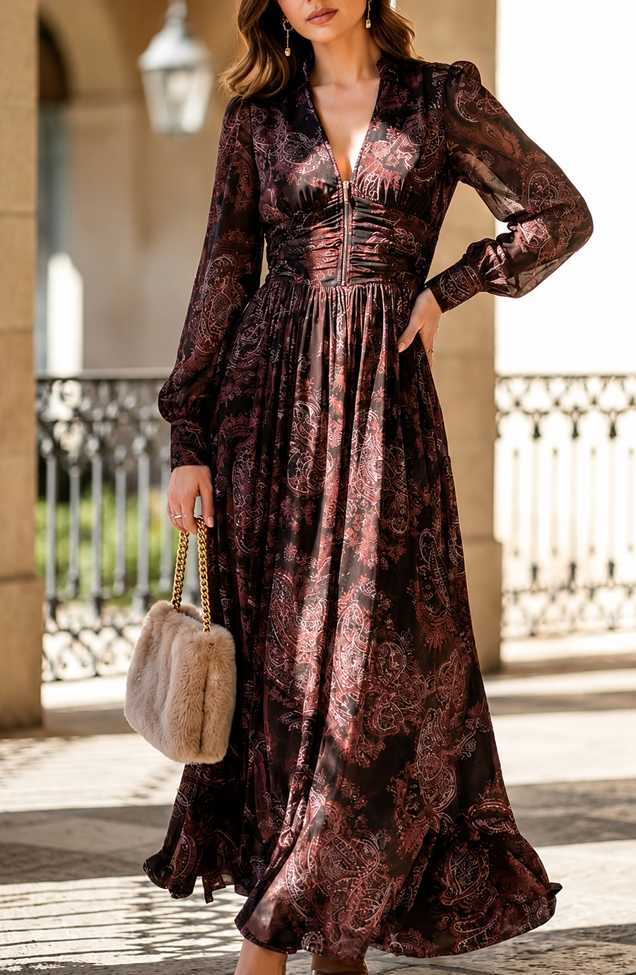 White retro long-sleeved V-neck fitted waist dress from My Store, showcasing a stylish vintage-inspired design.