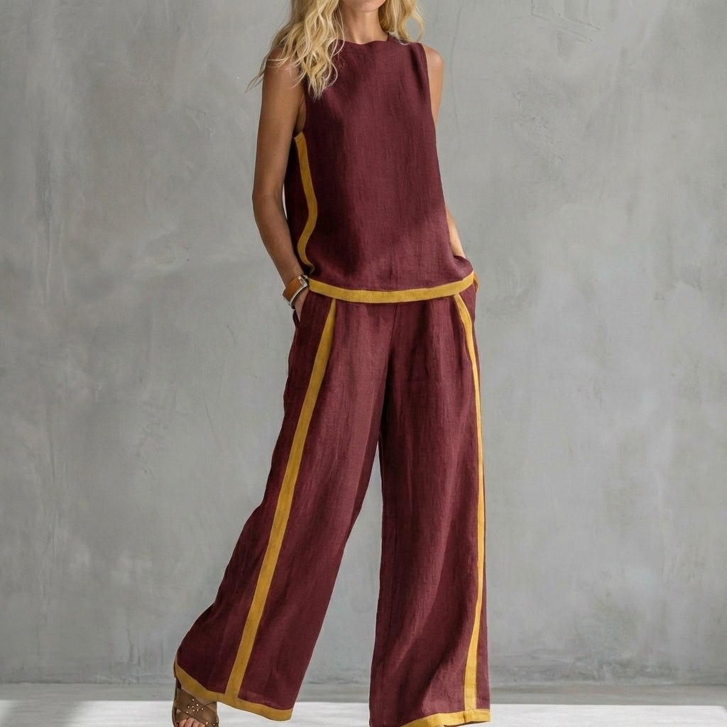 Women's two-piece slit co-ord set by Tammy Bradley in claret, featuring a stylish top and matching pants.