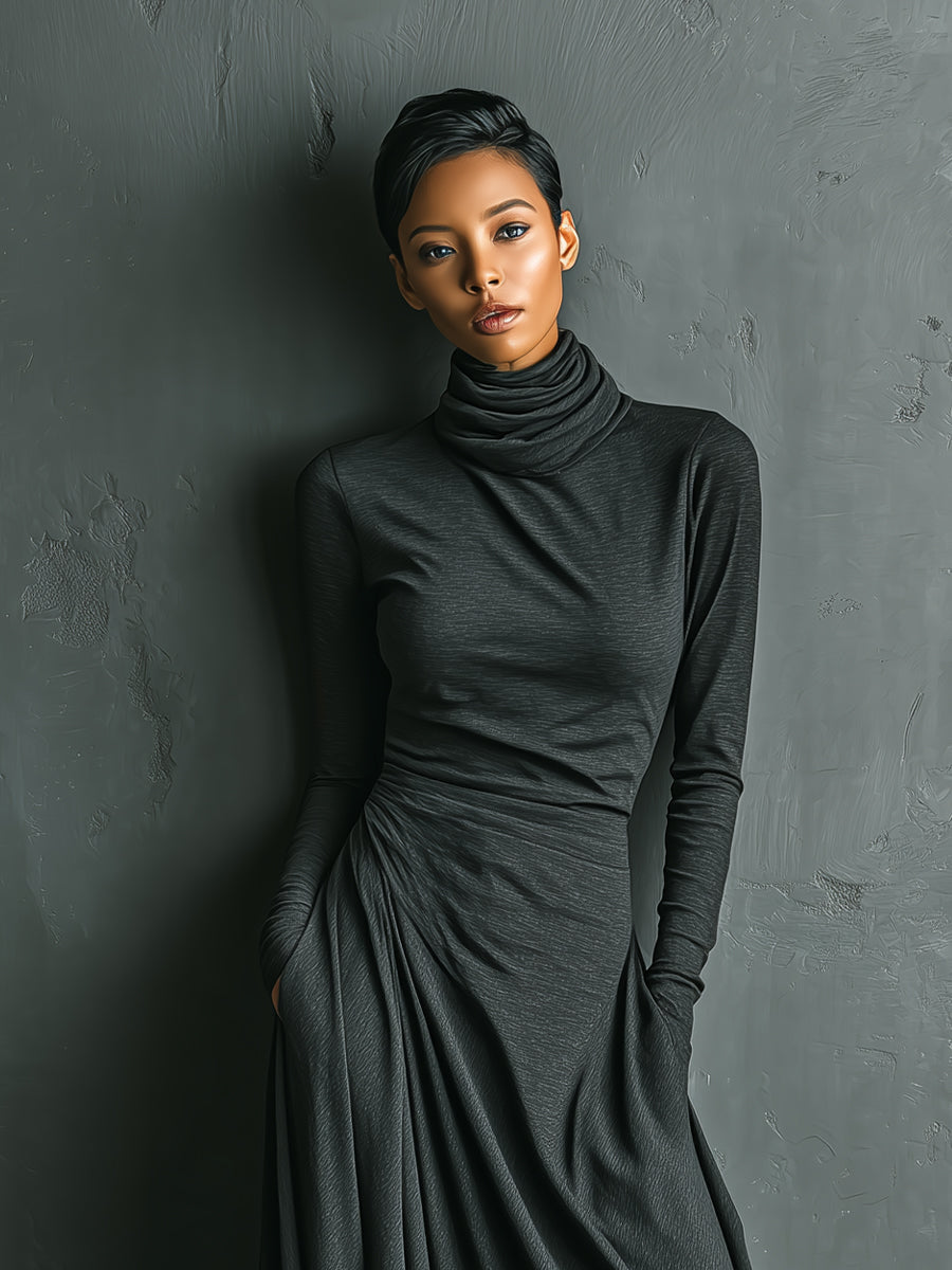 Cotton turtleneck maxi dress, elegant evening dress in soft fabric, featuring a fitted bodice and flowing skirt.