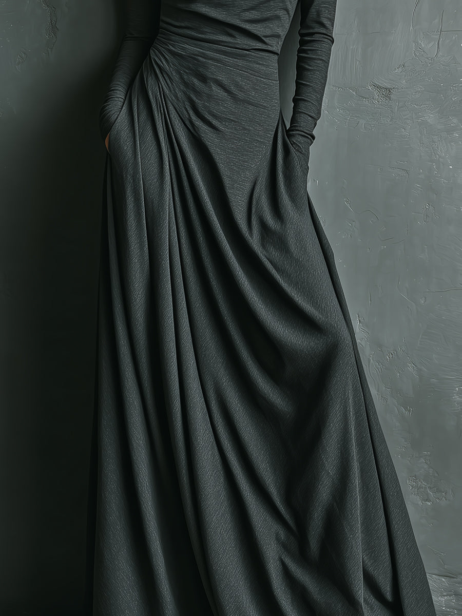 Cotton turtleneck maxi evening dress by My Store, featuring a sleek silhouette and long sleeves, shown in a dark color.
