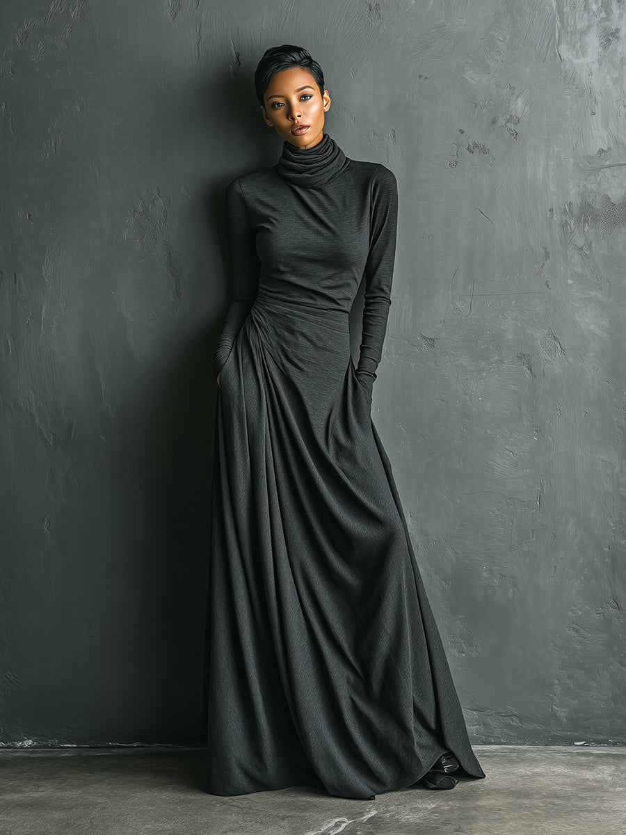 Cotton turtleneck maxi dress, elegant evening dress in soft fabric, shown in a full-length view with a fitted silhouette.