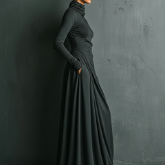 Cotton turtleneck maxi evening dress from My Store, featuring a sleek, floor-length design with long sleeves and a fitted silhouette.