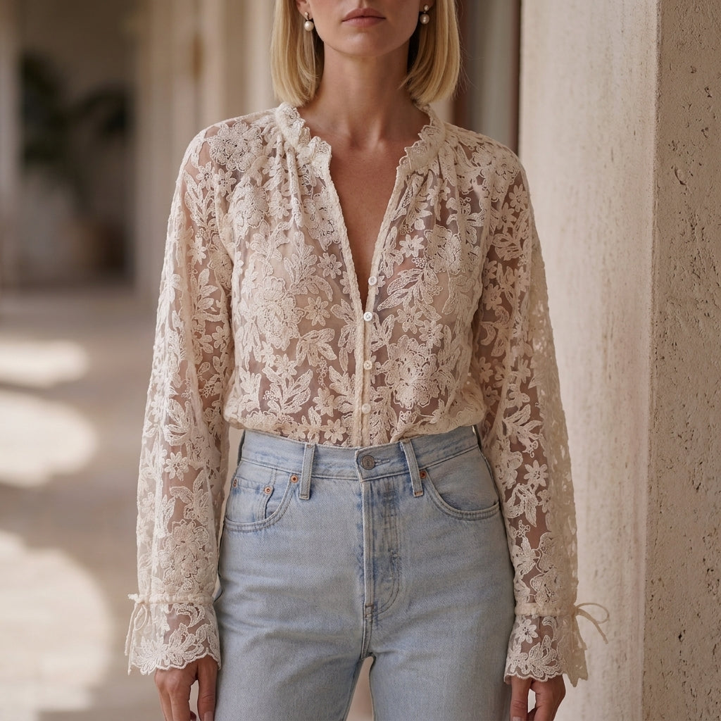 Cream white floral V-neck lace summer blouse for women, stylish top from My Store with feminine lace details.