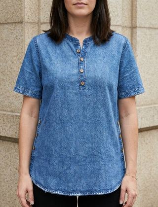Dark blue women's summer top with button front, denim style, casual sleeveless blouse for warm weather.