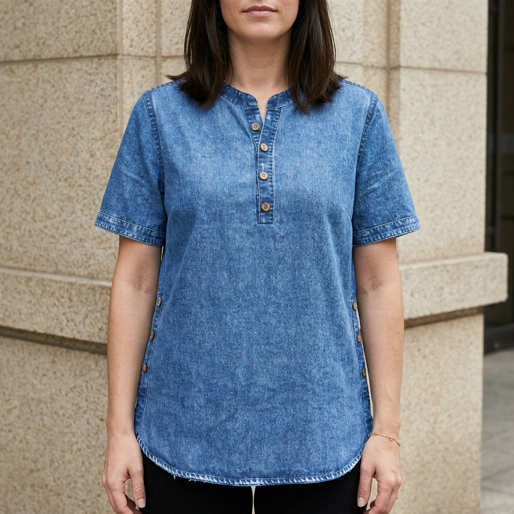 Dark blue women's summer top with button front, denim style, casual sleeveless blouse for warm weather.