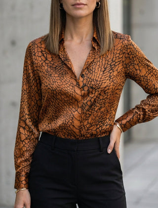 Dark brown women's summer blouse with long sleeves and print design, stylish top from My Store.