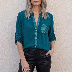 Dark green women's summer blouse with V-neck and button front, casual denim top for women.