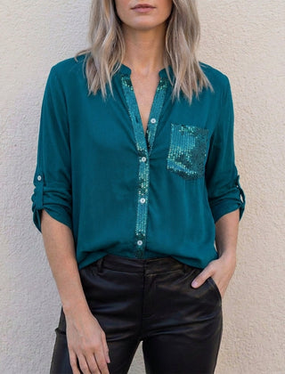 Dark green women's summer blouse with V-neck and button front, casual denim top for women.