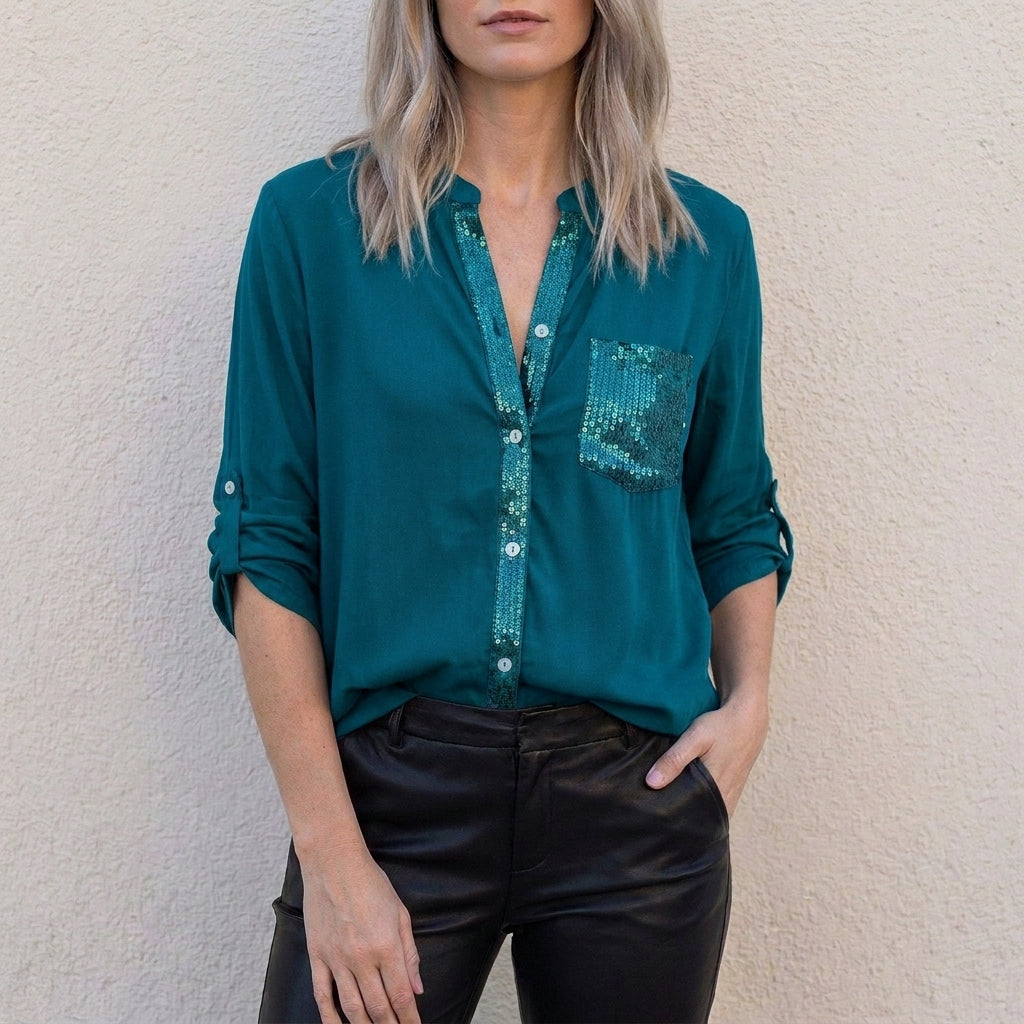 Dark green women's summer blouse with V-neck and button front, casual denim top for women.