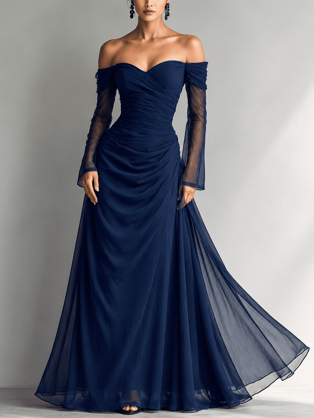 Dark blue chiffon maxi dress for women by Tammy Bradley, flowing evening dress with elegant fabric and full-length design.