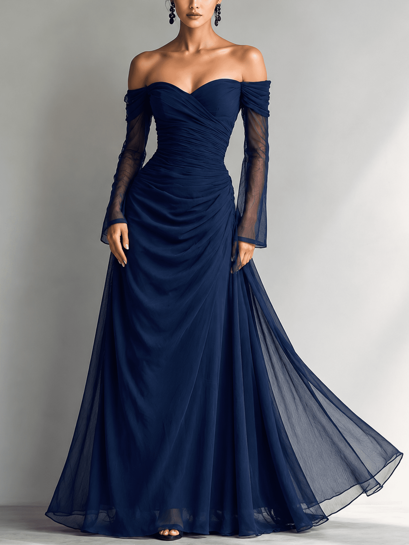 Dark blue chiffon maxi dress for women by Tammy Bradley, flowing evening dress with elegant fabric and full-length design.