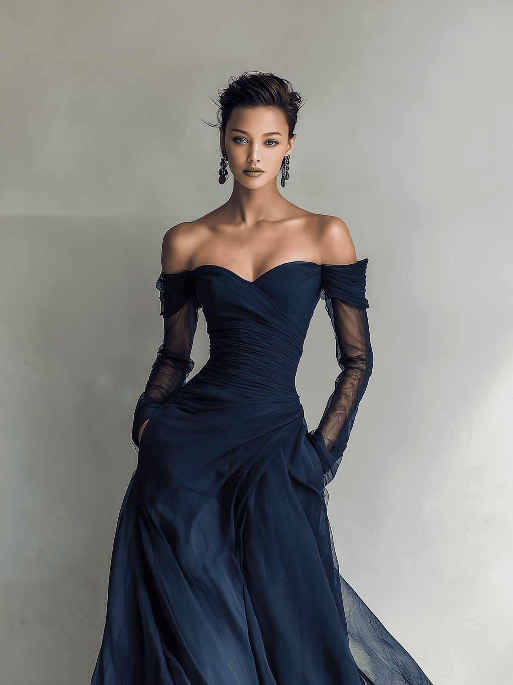Dark blue chiffon maxi dress for women by Tammy Bradley, flowing evening dress with elegant fabric and full-length design.