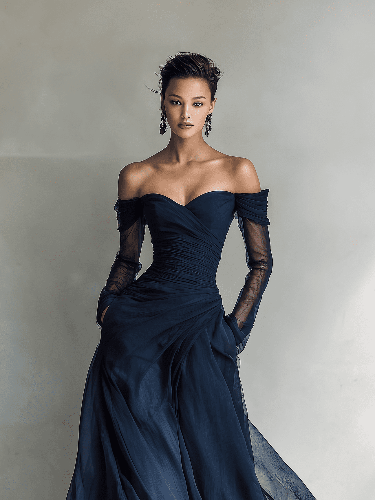 Dark blue chiffon maxi dress for women by Tammy Bradley, flowing evening dress with elegant fabric and full-length design.