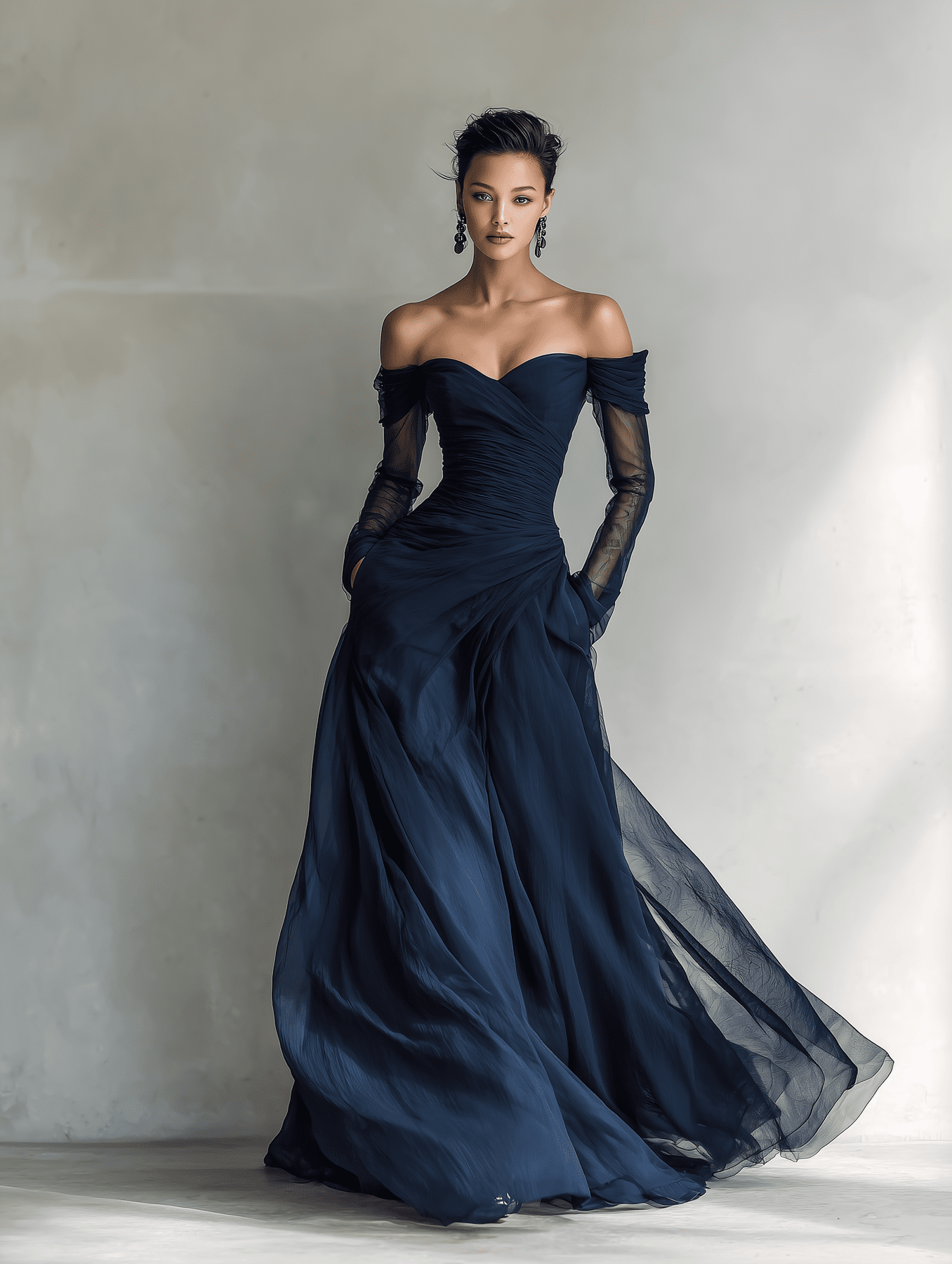 Dark blue chiffon maxi dress for women by Tammy Bradley, flowing evening dress with elegant fabric and floor-length design.