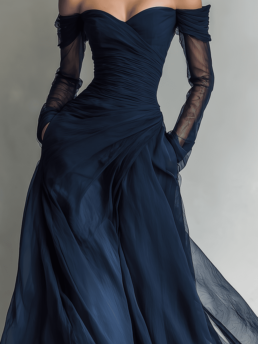Dark blue chiffon maxi dress for women by Tammy Bradley, flowing evening dress with elegant drape and long length.