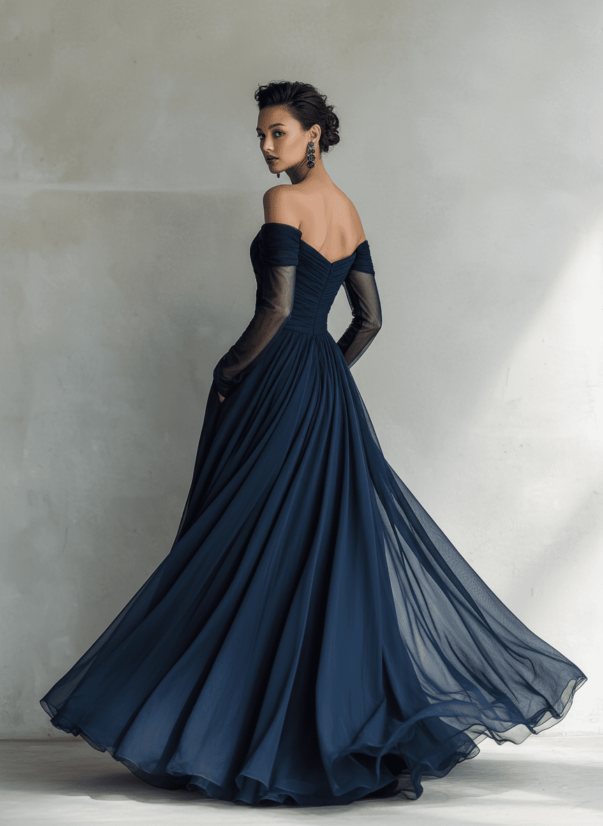 Dark blue chiffon maxi dress for women by Tammy Bradley, flowing evening dress with elegant, lightweight fabric and floor-length design.