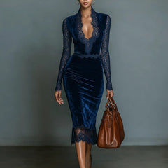 Dark blue velvet V-neck midi dress by My Store, featuring a fitted bodice and flowing skirt, suitable for evening occasions.