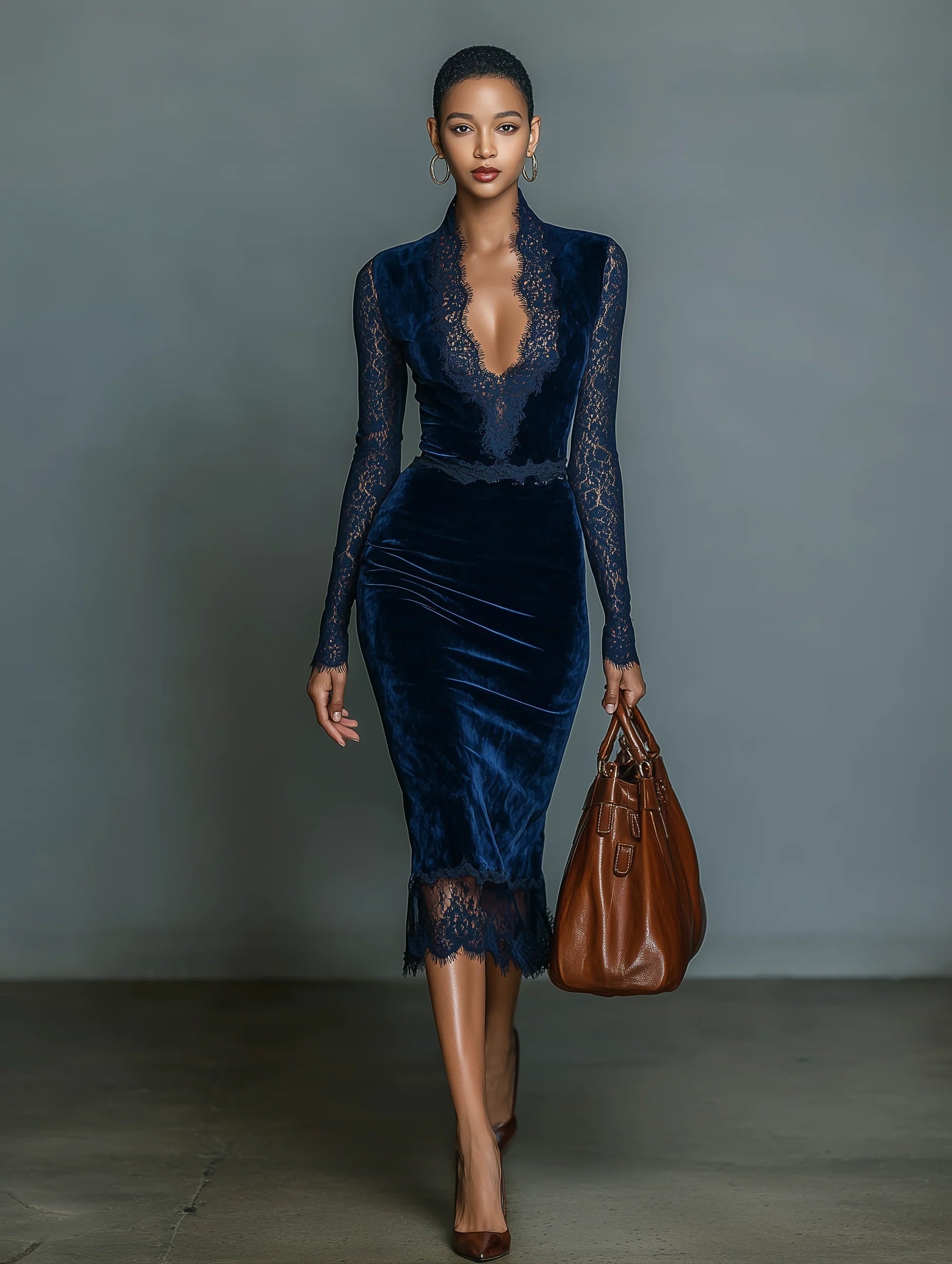 Dark blue velvet V-neck midi dress by My Store, featuring a fitted bodice and flowing skirt, suitable for evening occasions.