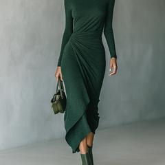 Dark green knit wrap midi dress for women, featuring long sleeves and a flowing skirt, styled with a V-neckline.