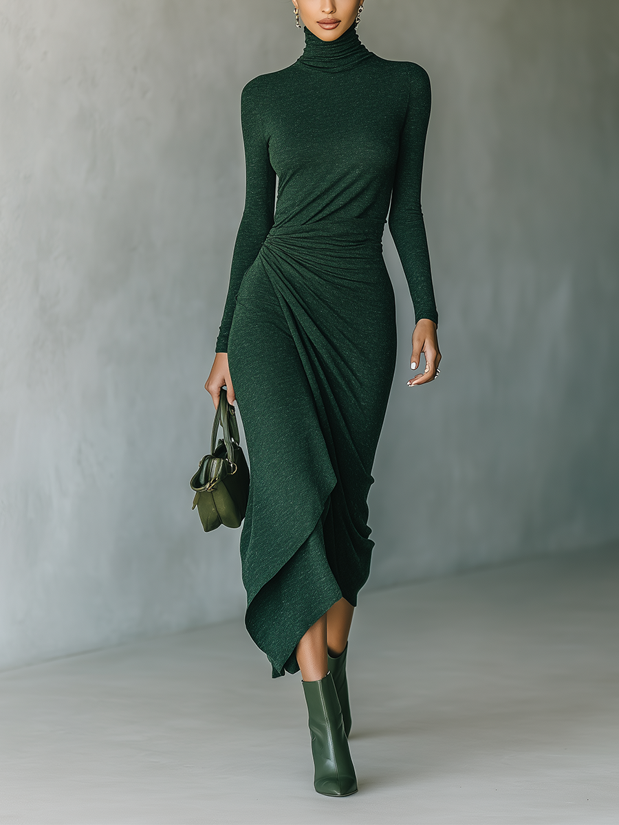 Dark green knit wrap midi dress for women, featuring long sleeves and a flowing skirt, styled with a V-neckline.