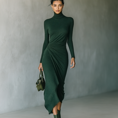 Dark green knit wrap midi dress for women, featuring long sleeves and a fitted waist, styled for casual or elegant occasions.