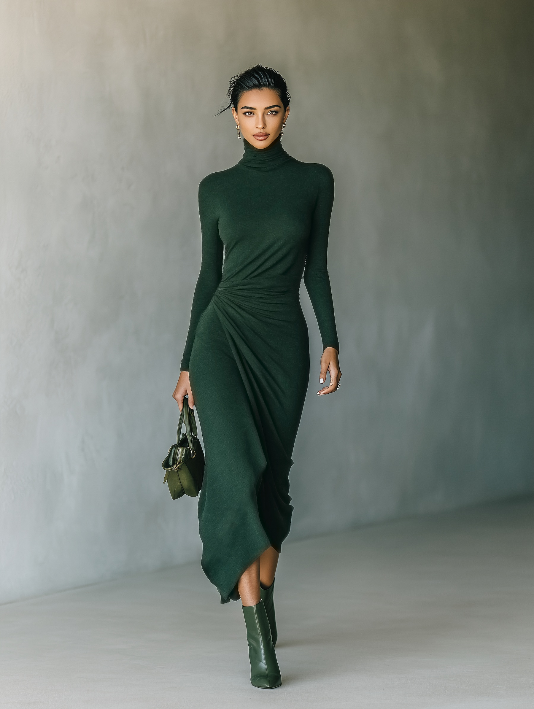 Dark green knit wrap midi dress for women, featuring long sleeves and a fitted waist, styled for casual or elegant occasions.