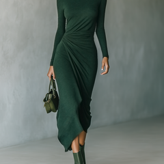 Dark green knit wrap midi dress for women, featuring long sleeves and a stylish, fitted silhouette.
