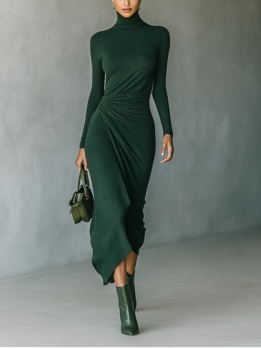 Dark green knit wrap midi dress for women, featuring long sleeves and a stylish, fitted silhouette.