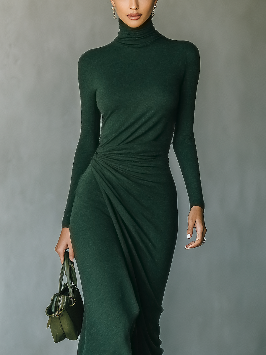 Dark green knit wrap midi dress for women, featuring long sleeves and a fitted waist, styled with a flowy skirt.