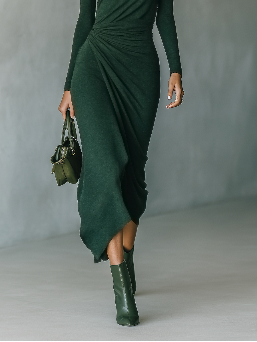 Dark green knit wrap midi dress for women featuring long sleeves and a fitted waist, styled with a casual yet elegant look.