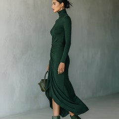 Dark green knit wrap midi dress for women with long sleeves and a fitted waist, styled for casual or dressy occasions.