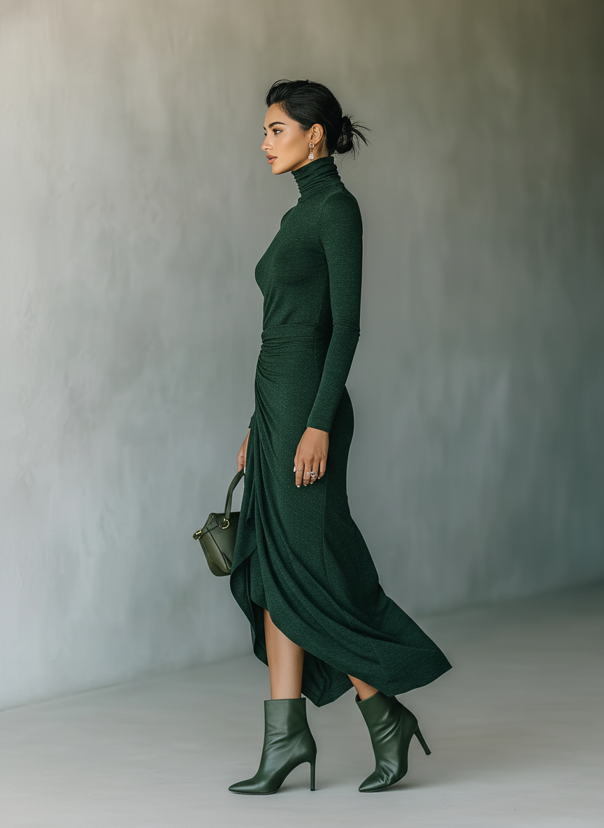 Dark green knit wrap midi dress for women with long sleeves and a fitted waist, styled for casual or dressy occasions.