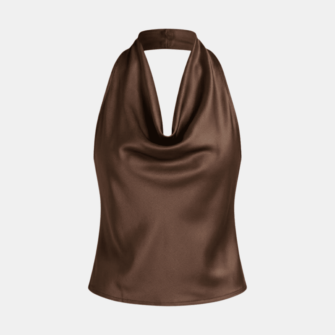 Cream satin cowl-neck sleeveless top for women by Tammy Bradley, displayed front view with smooth fabric and elegant drape.