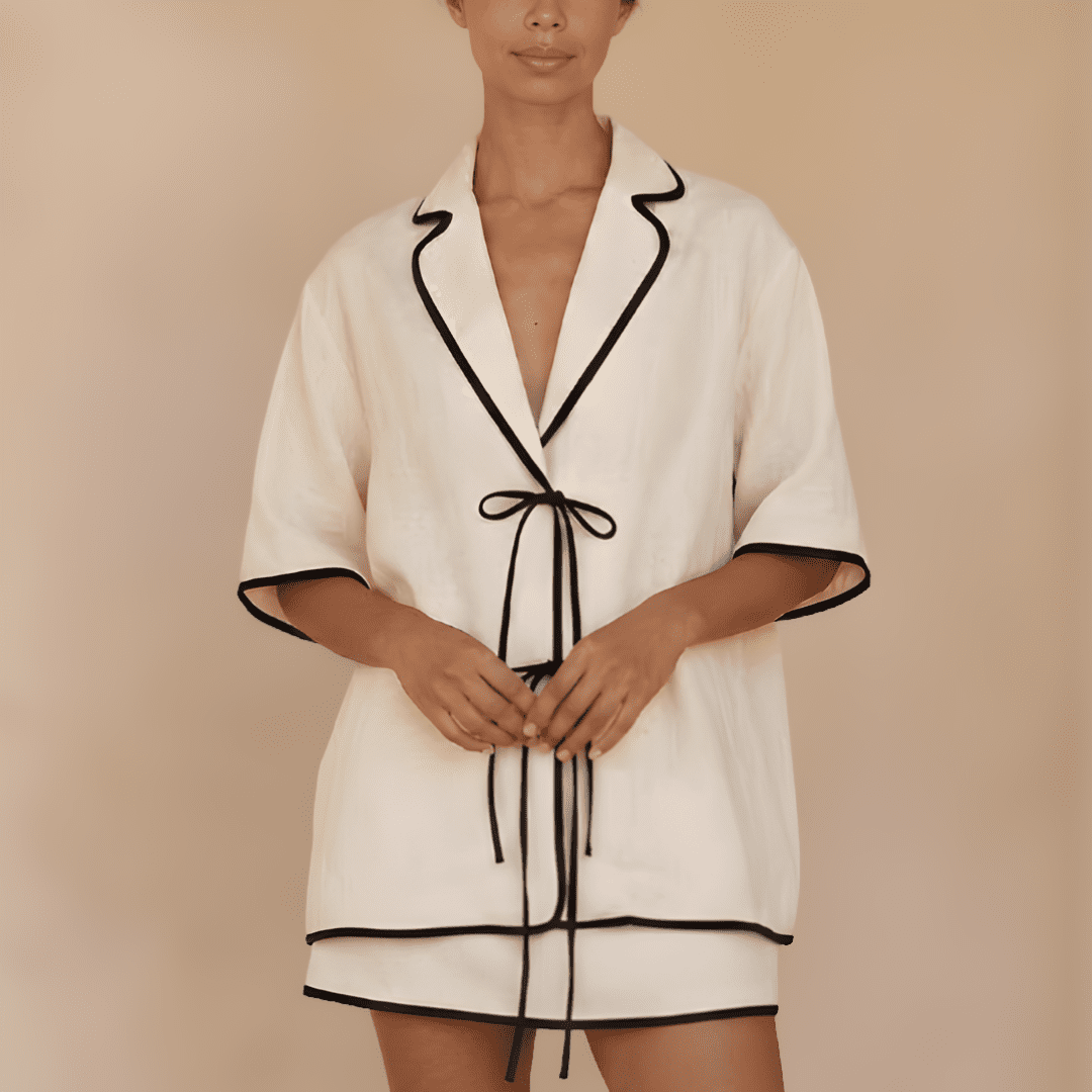 Ivory linen-blend women’s shirt and skirt co-ord set by Tammy Bradley, featuring a stylish, comfortable matching outfit.