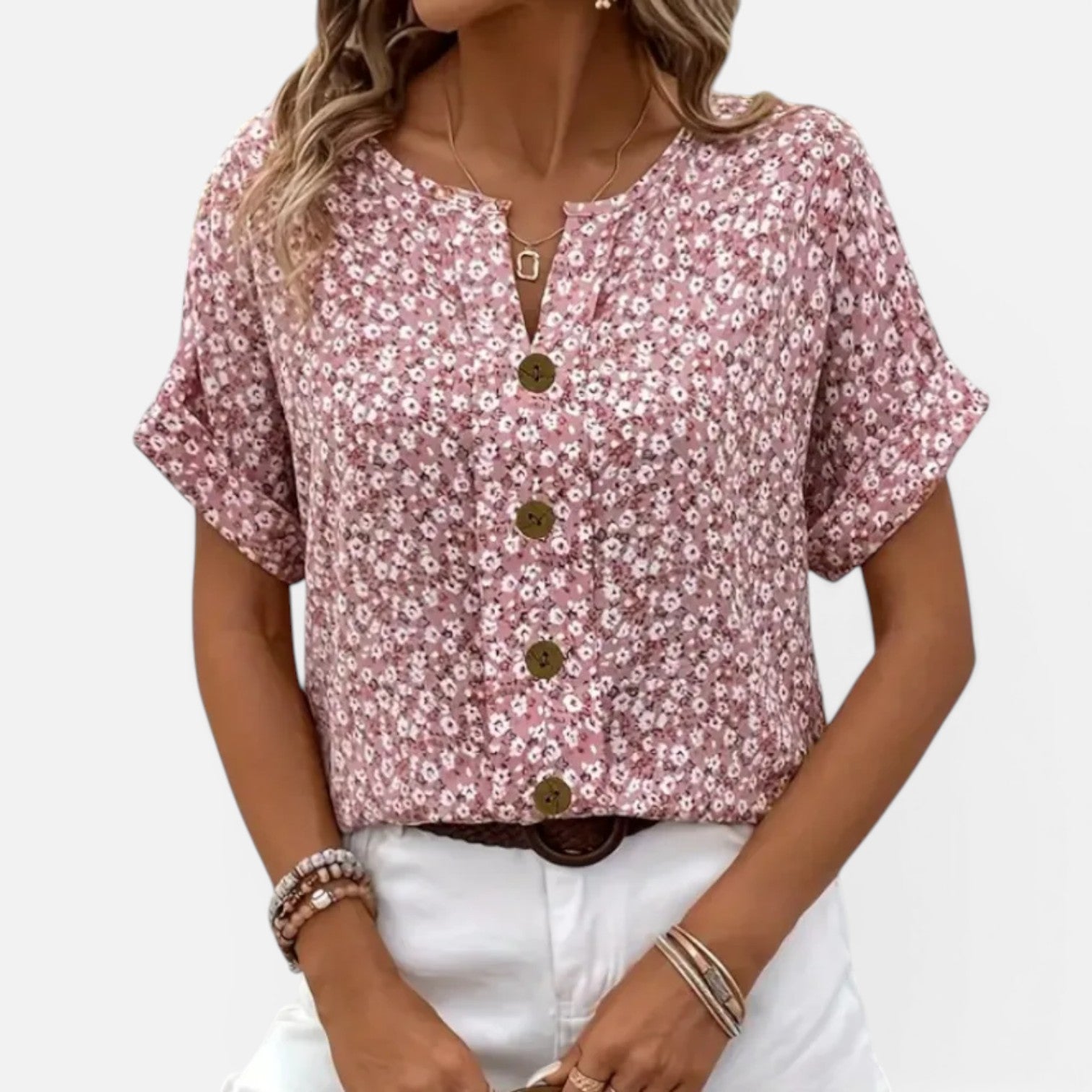 Lightweight women's floral cotton blouse with button front, casual fit, from My Store, shown in a natural relaxed style.