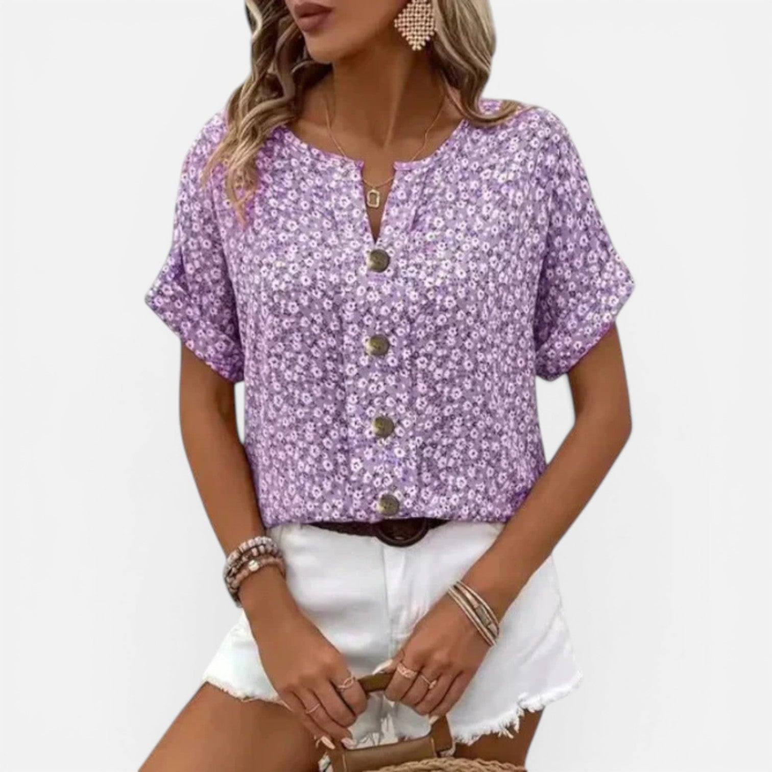 Women's floral cotton blouse by My Store with button front, lightweight fabric, casual fit, perfect for everyday wear.