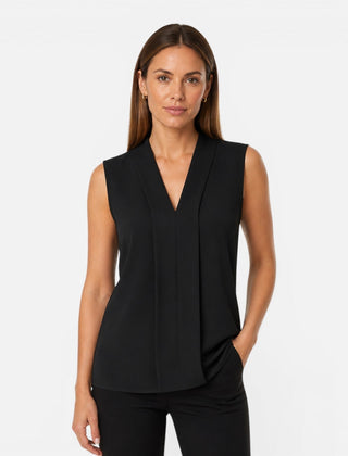 Women's sleeveless blouse by Felorro featuring an elegant draped V-neck and timeless fit, perfect for stylish occasions.