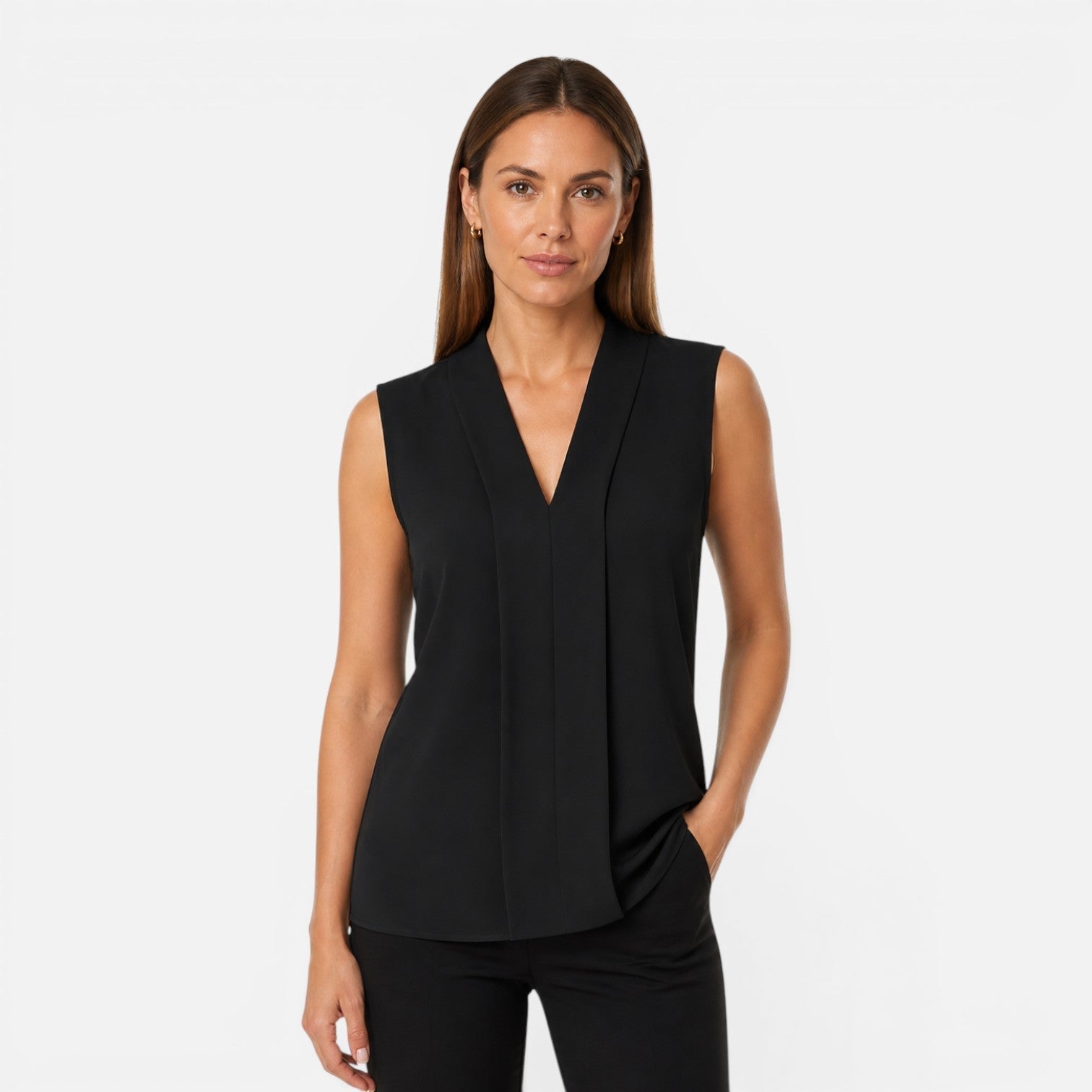 Women's sleeveless blouse by Felorro featuring an elegant draped V-neck and timeless fit, perfect for stylish occasions.