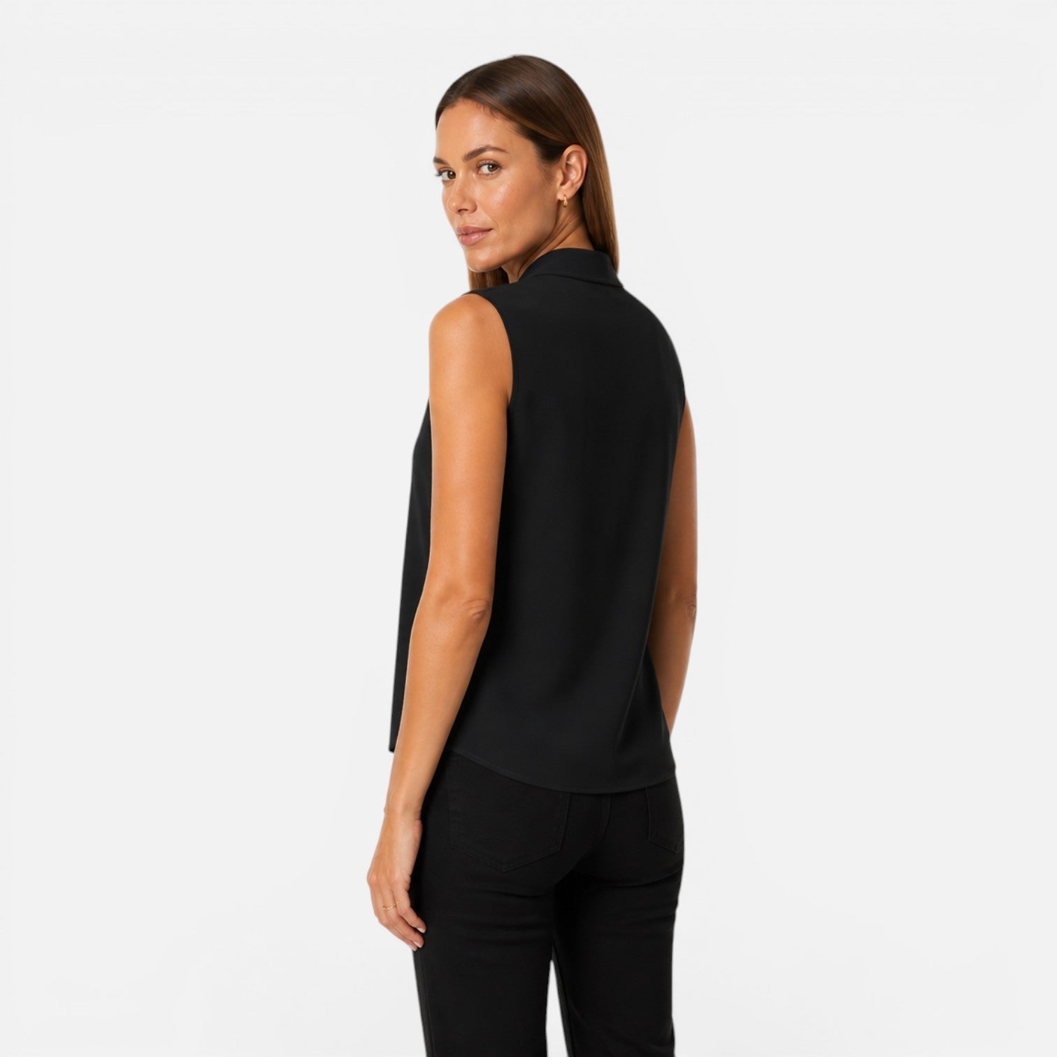 Elegant women's sleeveless blouse with draped V-neck and timeless fit, perfect for stylish casual or office wear.