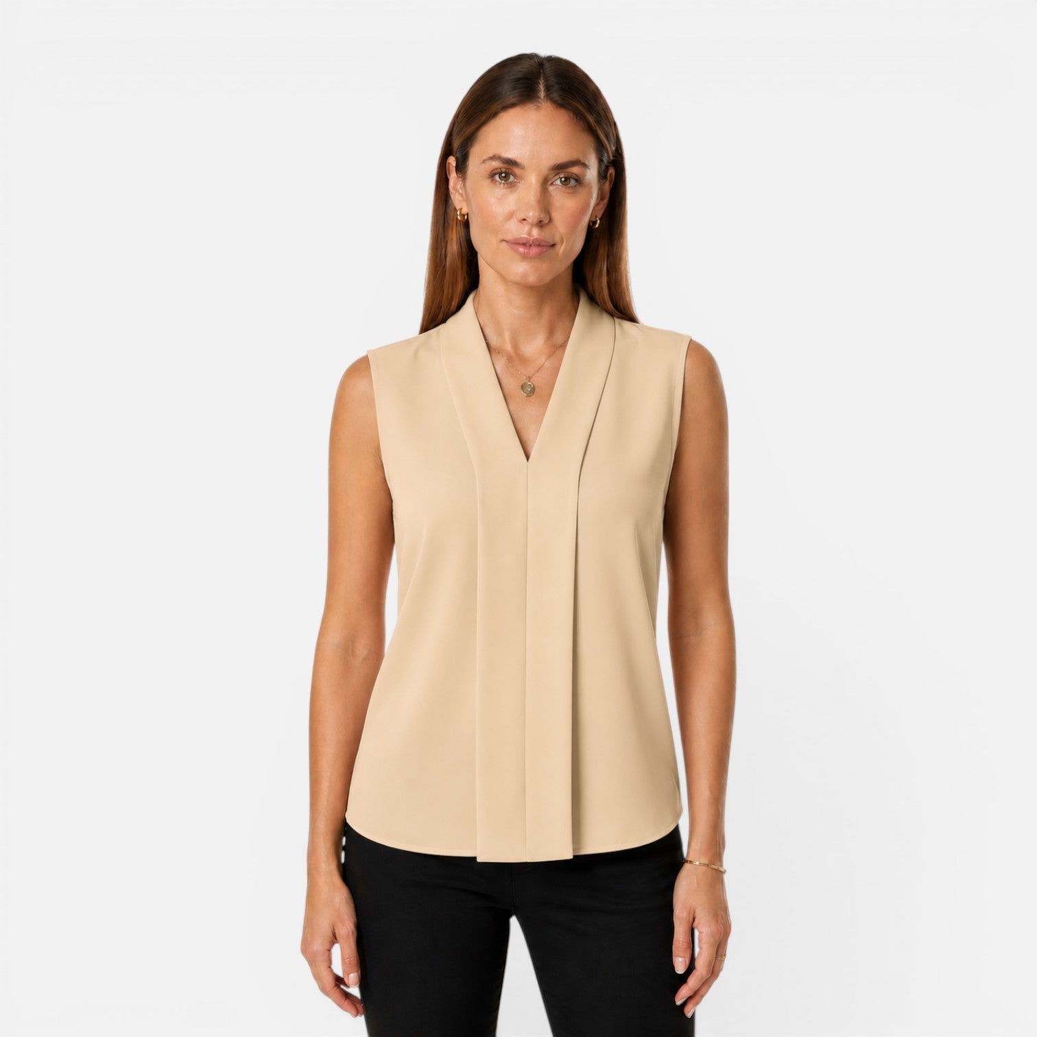 Elegant women's sleeveless blouse with draped V-neck, timeless fit, perfect for stylish women’s shirts by My Store.