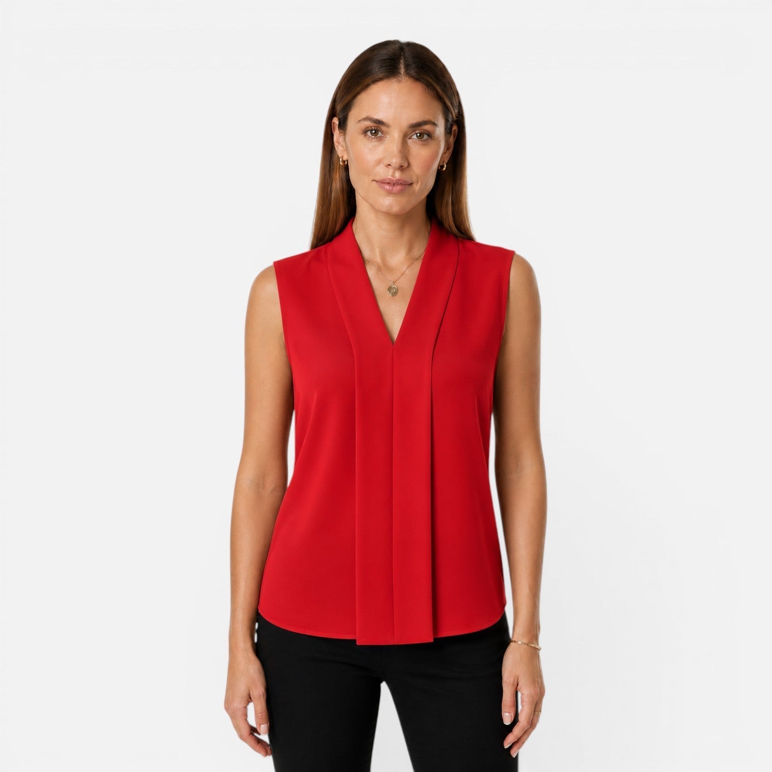 Women's sleeveless blouse with elegant draped V-neck, timeless fit, from My Store, shown in a stylish, casual wear setting.