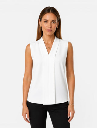 Elegant sleeveless women's blouse with draped V-neck and timeless fit, perfect for stylish and comfortable everyday wear.