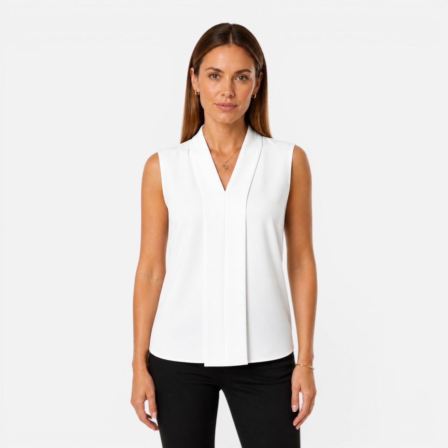 Elegant sleeveless women's blouse with draped V-neck and timeless fit, perfect for stylish and comfortable everyday wear.