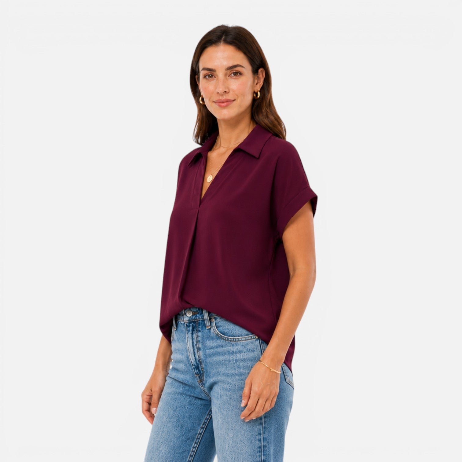 Lightweight women's V-neck short sleeve blouse with relaxed fit, stylish and comfortable top from My Store.