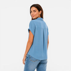 Women's lightweight V-neck short sleeve blouse with relaxed fit, casual style, made by My Store.